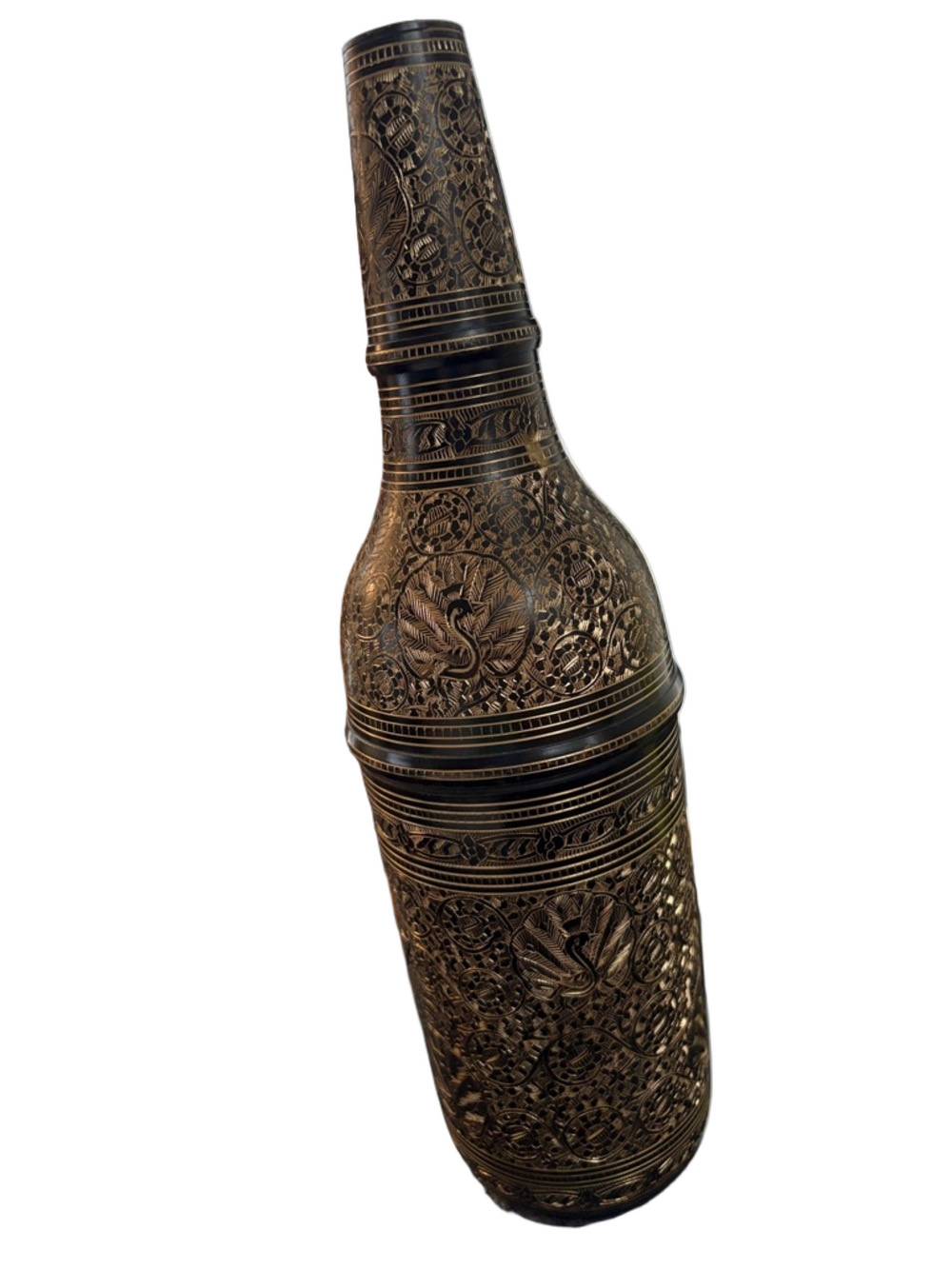 Vintage Ornate Hand Crafted Brass Etched Peacock And Floral Water Or Wine Bottle